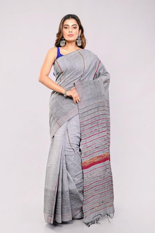 Grey Handloom Khesh Kantha Stitch Cotton Saree saree Arteastri 