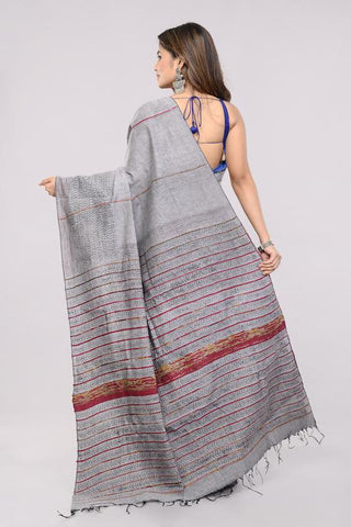 Grey Handloom Khesh Kantha Stitch Cotton Saree saree Arteastri 