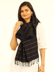 Handloom Black Striped Cotton Wool Stole - Arteastri