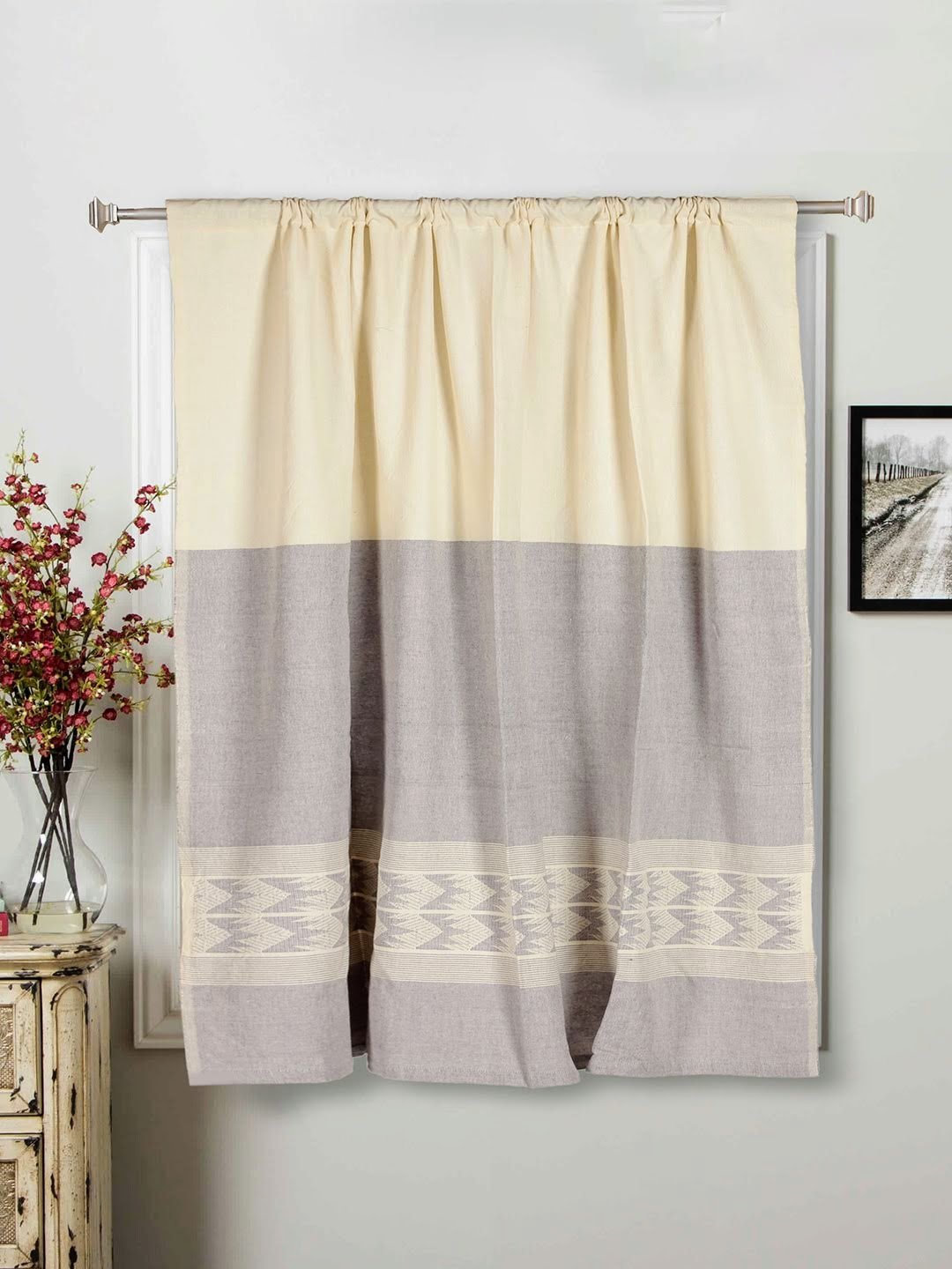 Handloom Cotton Ivory Grey Rod Pocket Window Curtain - Arteastri