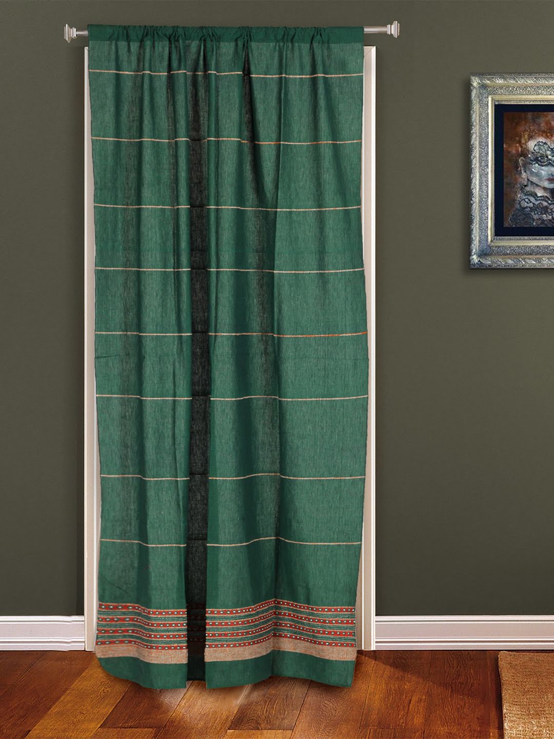 Handloom Cotton Khesh Kantha Green Rod Pocket Door Curtain - Arteastri