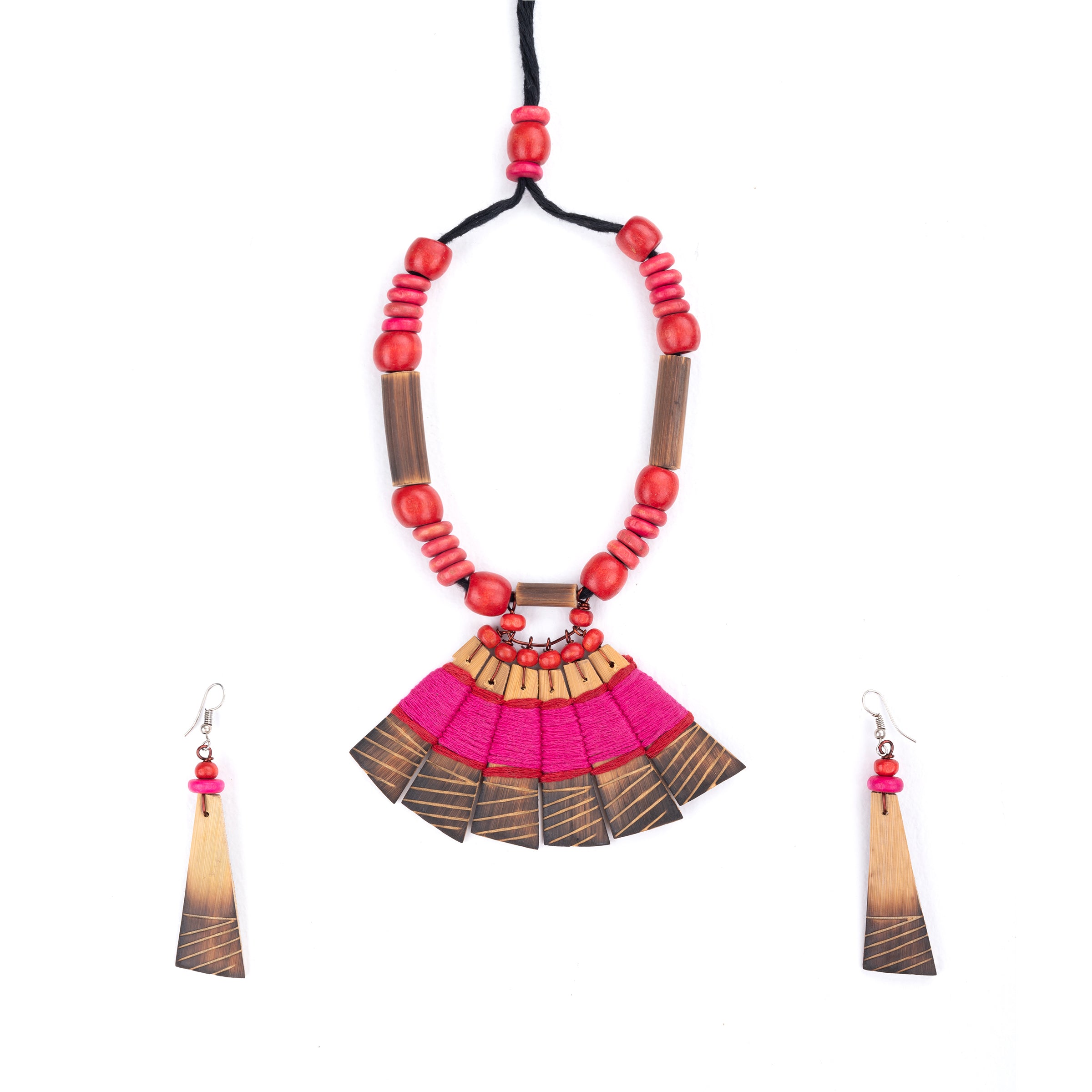 Handmade Pink Red Bamboo Tribal Jewellery Set