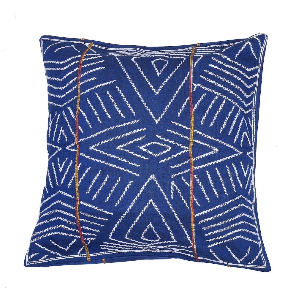 Navy White Handcrafted Kantha Cotton Cushion Cover Cushions Arteastri 