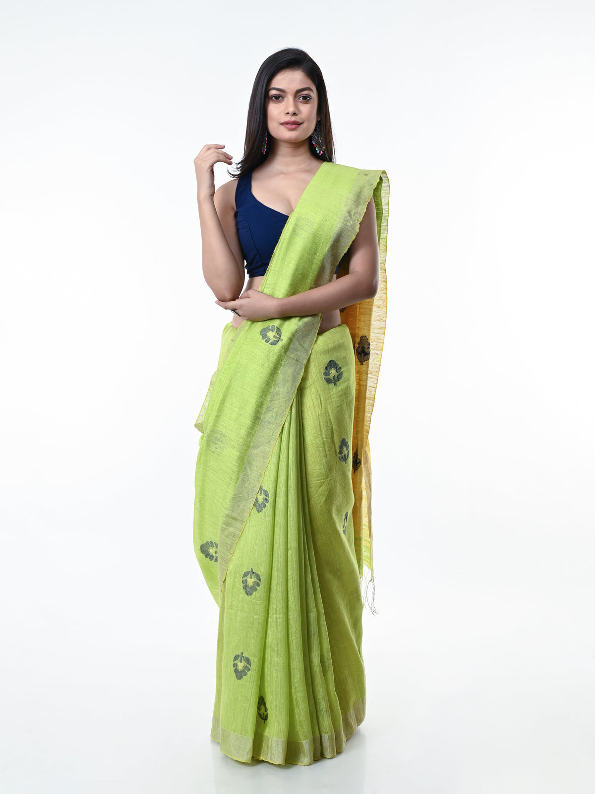 Green Yellow Handcrafted Jamdani Silk Saree
