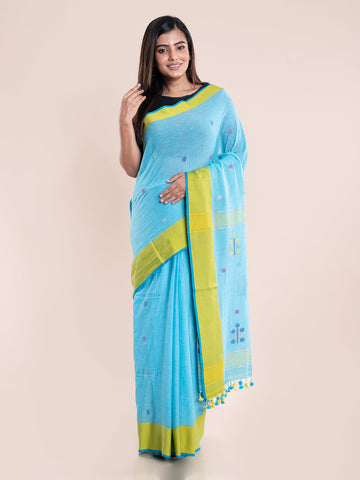 Blue Yellow Jamdani Cotton Saree With Blouse Piece