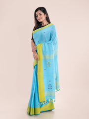 Blue Yellow Handcrafted Jamdani Cotton Saree With Blouse Piece