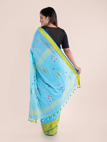 Blue Yellow Jamdani Cotton Saree With Blouse Piece