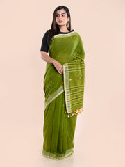 Leafy Green Handcrafted Jamdani Cotton Saree Without Blouse Piece