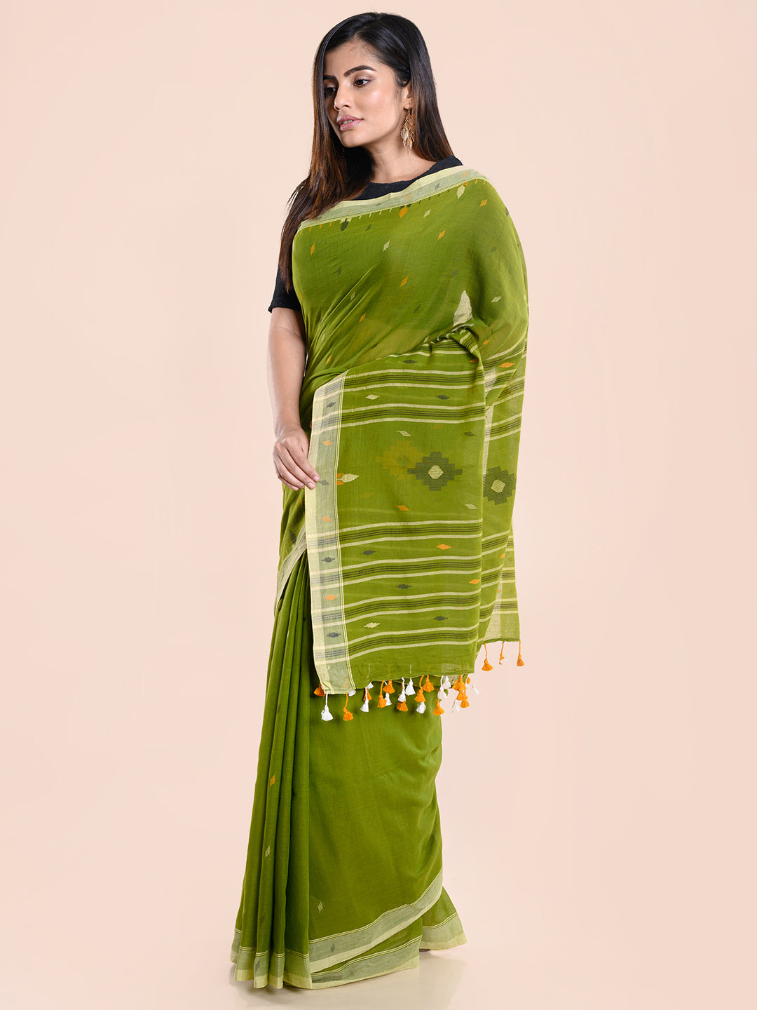Leafy Green Jamdani Cotton Saree Without Blouse Piece