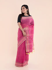 Summery Pink Handcrafted Jamdani Cotton Saree Without Blouse Piece