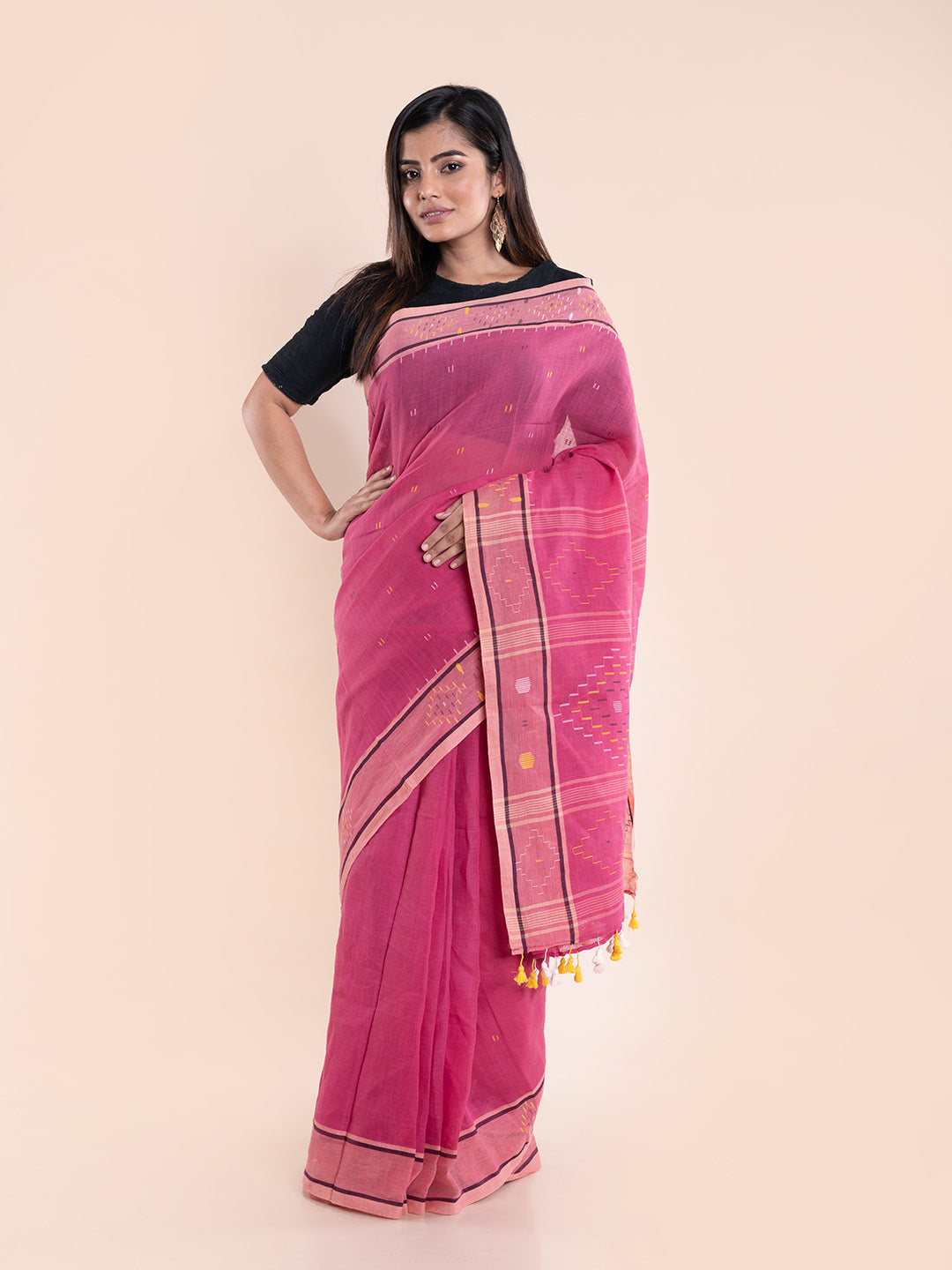 Summery Pink Handcrafted Jamdani Cotton Saree Without Blouse Piece