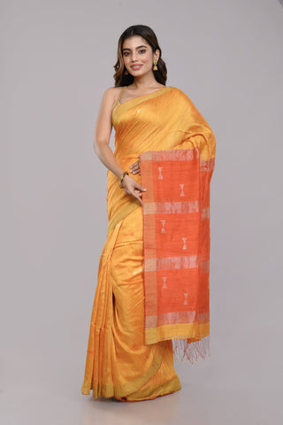 Stylish Yellow Orange Handloom Matka Silk Jamdani Saree - Arteastri