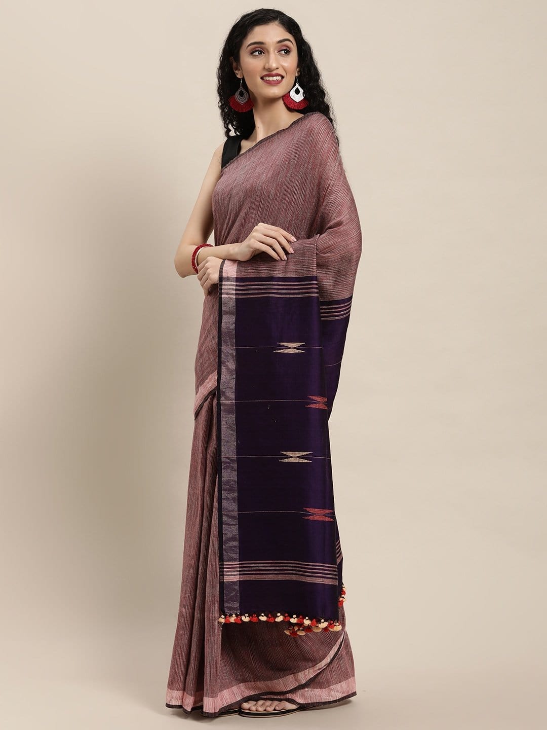 Tie Dye Purple Red Ochre Handcrafted Jamdani Cotton Saree