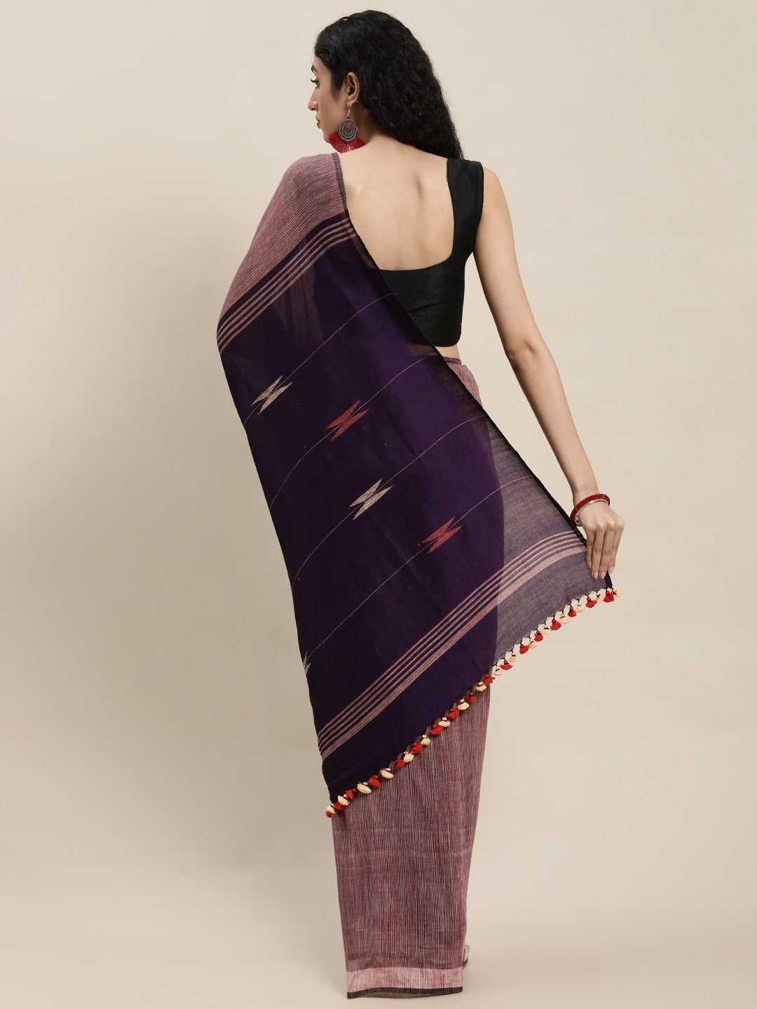 Tie Dye Purple Red Ochre Handcrafted Jamdani Cotton Saree