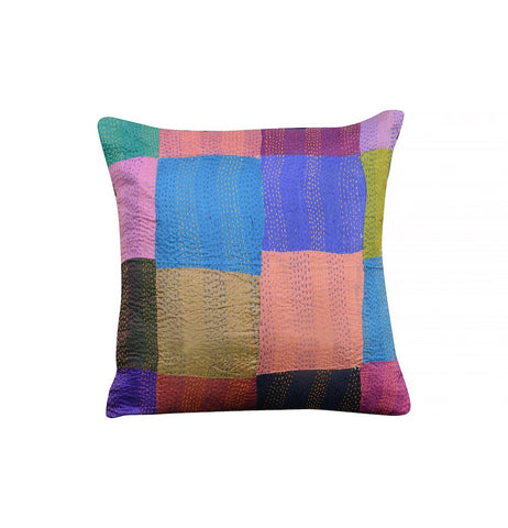 Vintage Silk Patchwork Kantha Cushion Cover - Blue Back - Arteastri