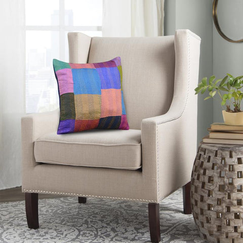 Vintage Silk Patchwork Kantha Cushion Cover - Blue Back - Arteastri