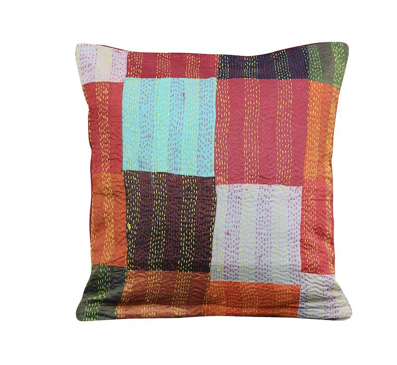 Vintage Silk Patchwork Kantha Cushion Cover - Indigo Back - Arteastri