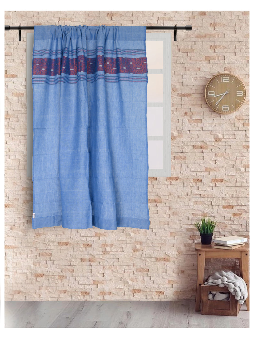 Blue Pink Cotton Handwoven Window Curtain for home