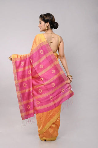 Yellow Pink Matka Silk Handloom Jamdani Saree saree Arteastri 